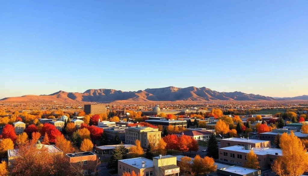 Scenic view of Rapid City during early fall with colorful foliage in the Black Hills, one of the best months to visit Rapid City, South Dakota Scenic view of Rapid City during early fall with colorful foliage in the Black Hills, one of the best months to visit Rapid City, South Dakota