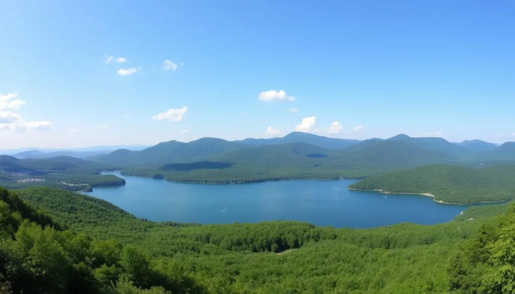Scenic view of Red House Lake in Allegany State Park with mountains in background Scenic view of Red House Lake in Allegany State Park with mountains in background