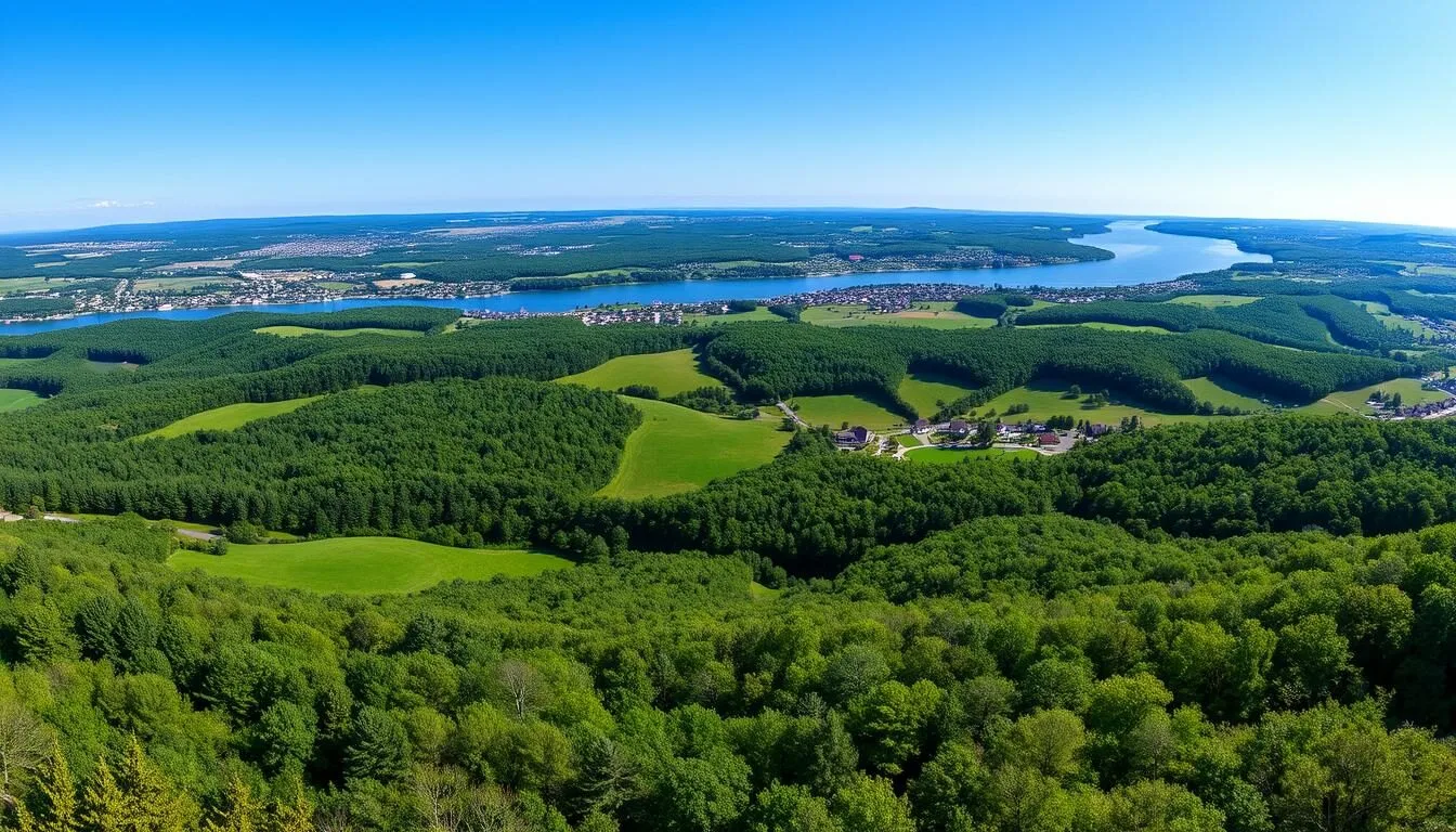 Scenic view of Rensselaer County, New York with rolling hills and the Hudson River
