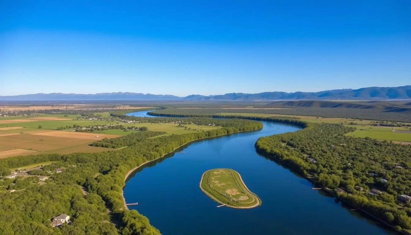 Scenic view of Sacramento River flowing through Colusa County, California with mountains in the background