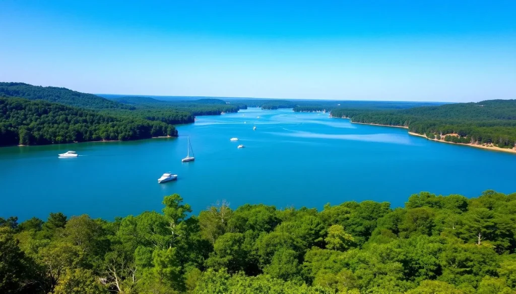 Scenic view of Sardis Lake near Oxford with boats on the water and forested shoreline Scenic view of Sardis Lake near Oxford with boats on the water and forested shoreline