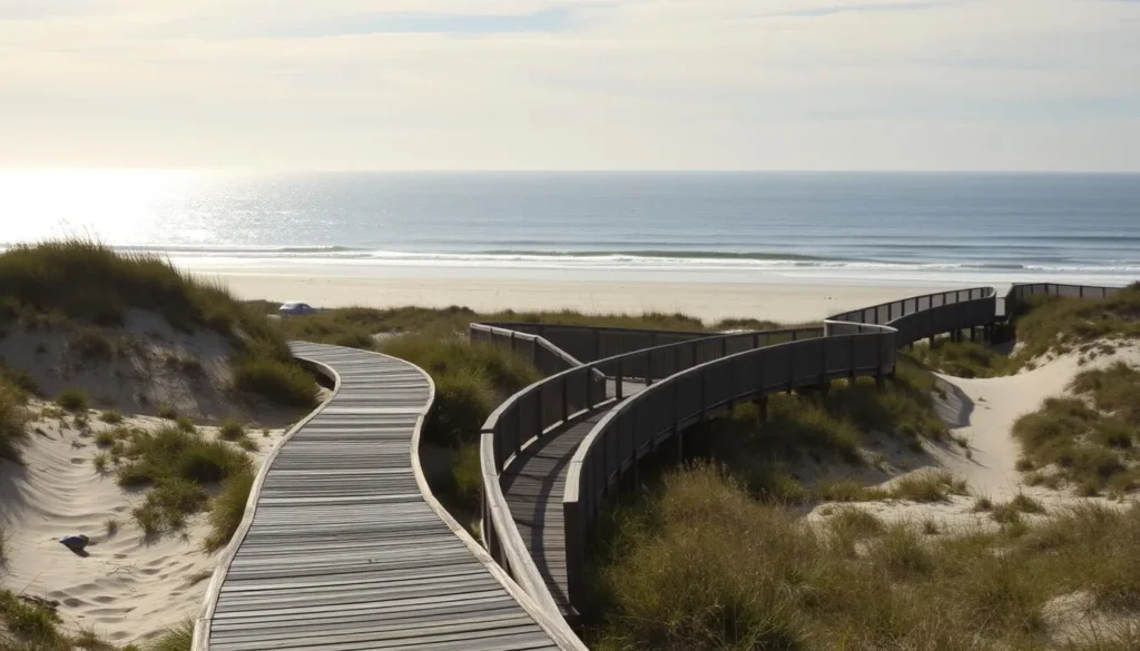 Scenic view of Smyrna Dunes Park with boardwalks and the Atlantic Ocean in the background