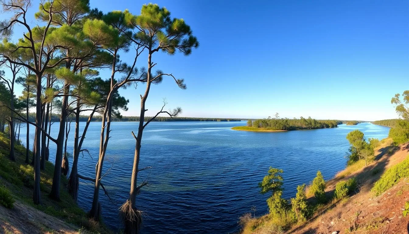 Scenic view of St. Johns River in Putnam County, Florida with cypress trees and calm waters