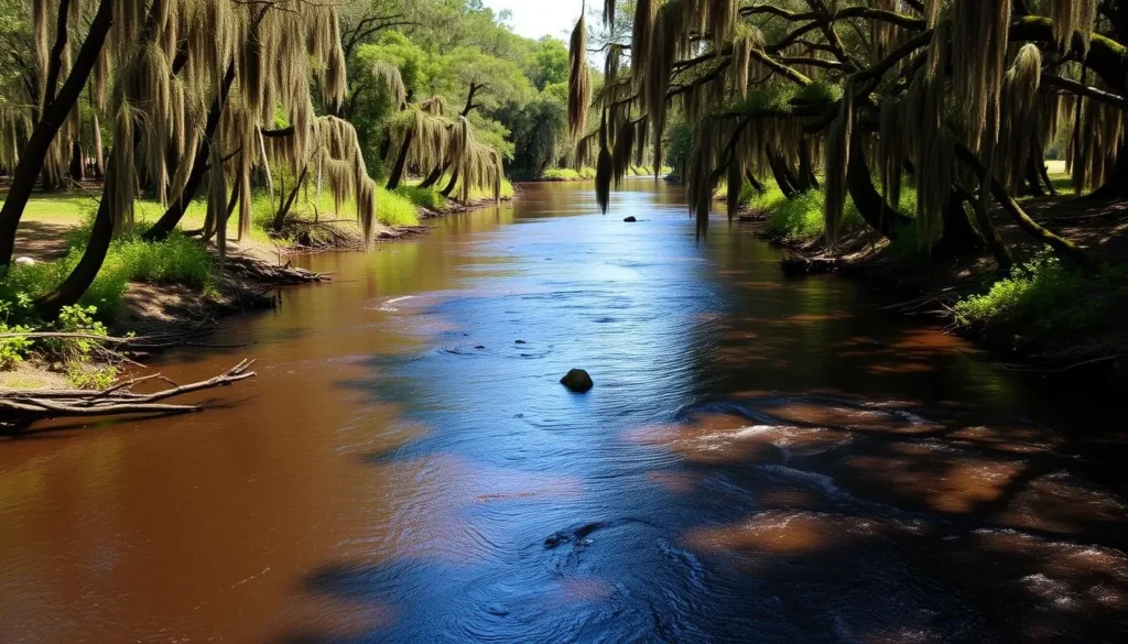 Scenic view of Suwannee River State Park showing the river and surrounding forest Scenic view of Suwannee River State Park showing the river and surrounding forest