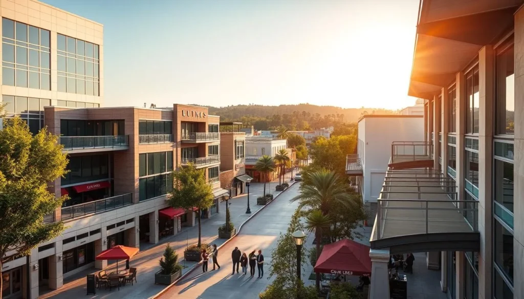 Scenic view of downtown Walnut Creek with shops, restaurants, and hotels on a beautiful sunny day Scenic view of downtown Walnut Creek with shops, restaurants, and hotels on a beautiful sunny day
