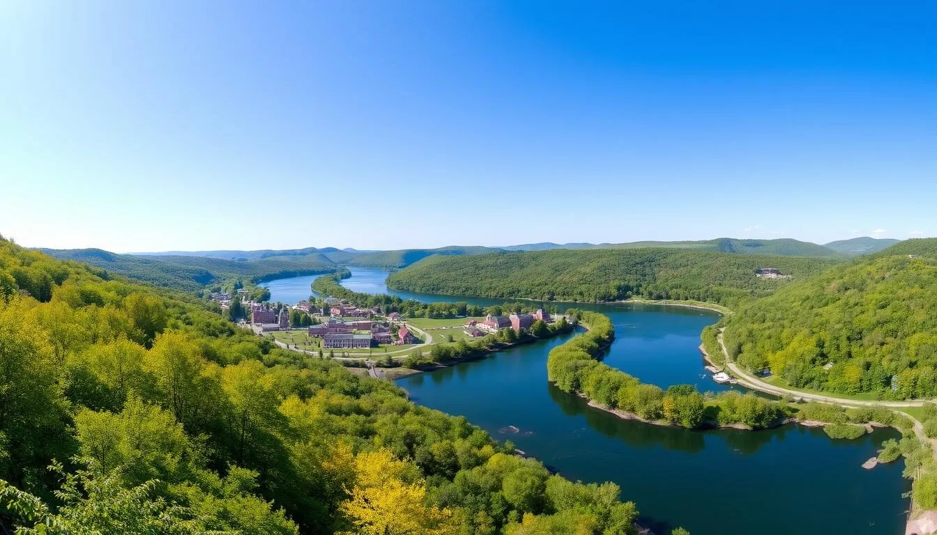 Scenic view of the Mohawk River running through Montgomery County, New York with historic buildings and lush greenery