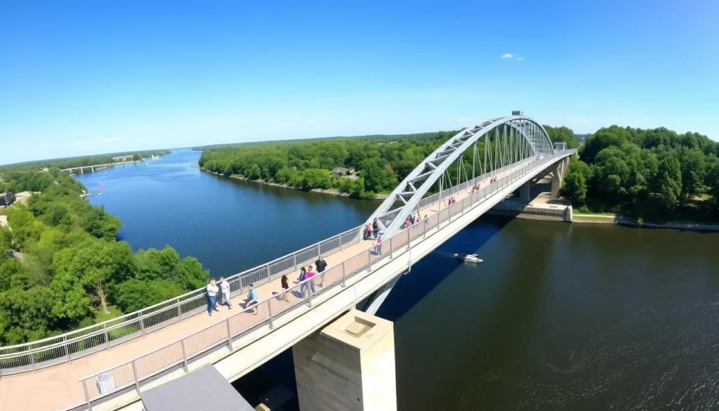Scenic view of the Mohawk Valley Gateway Overlook in Amsterdam, Montgomery County with pedestrian bridge and river views Scenic view of the Mohawk Valley Gateway Overlook in Amsterdam, Montgomery County with pedestrian bridge and river views