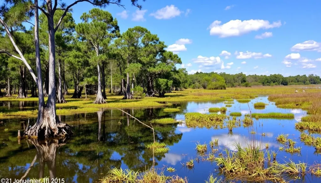 Scenic view of the Santa Fe Swamp Conservation Area in Bradford County showing cypress trees and wetlands Scenic view of the Santa Fe Swamp Conservation Area in Bradford County showing cypress trees and wetlands