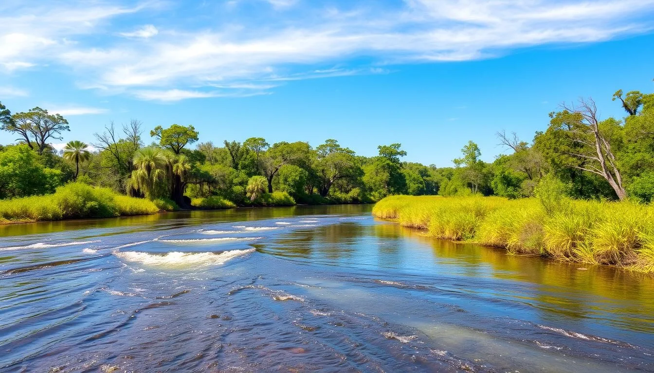 Scenic view of the Suwannee River flowing through Dixie County, Florida with cypress trees and natural landscape