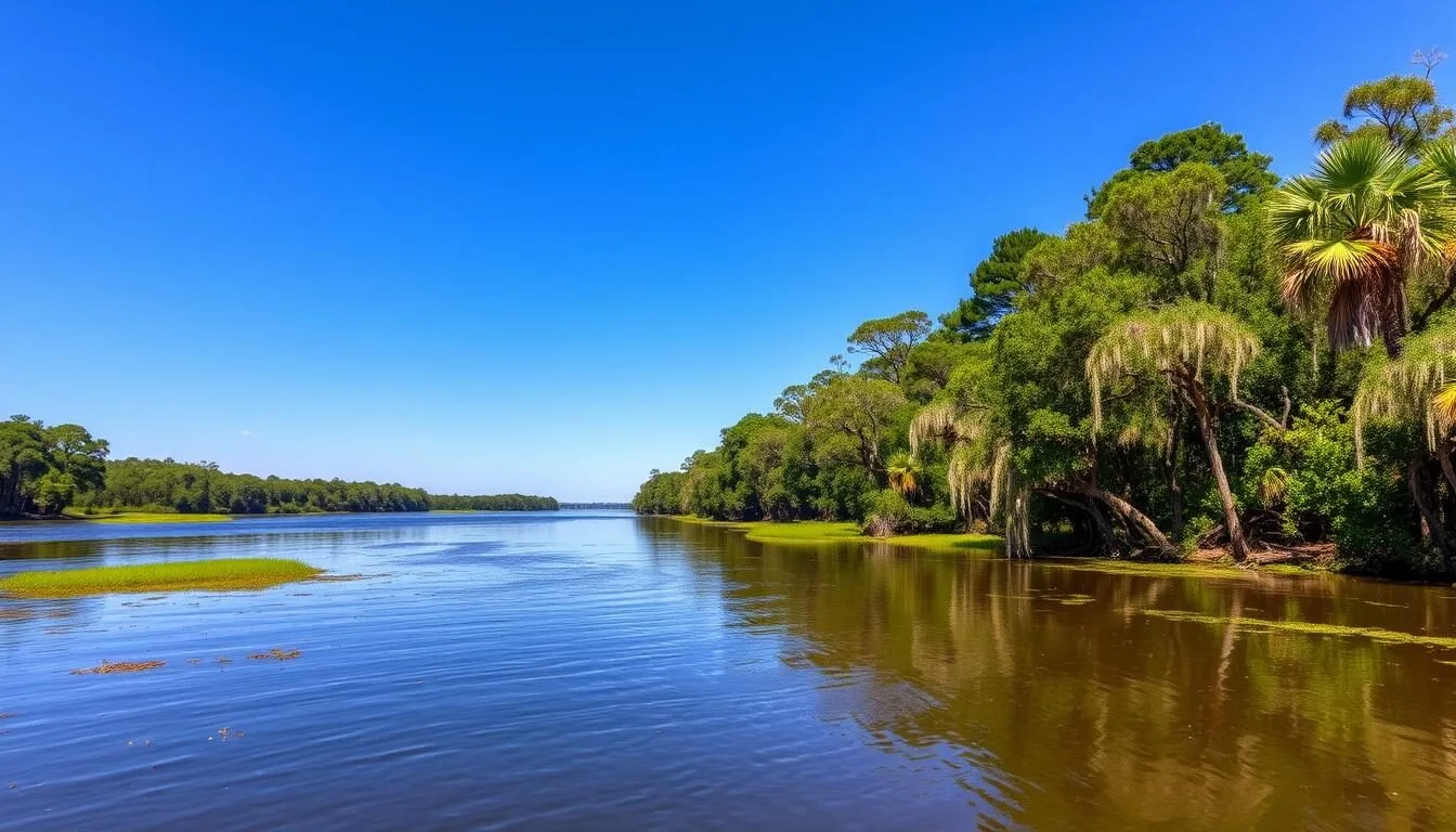 Scenic view of the Suwannee River flowing through Hamilton County, Florida with cypress trees and natural landscape