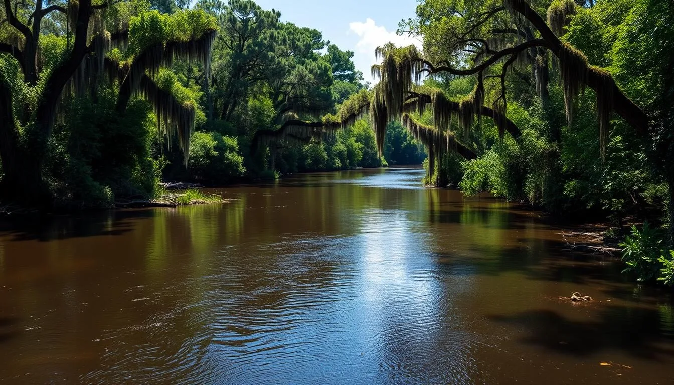 Scenic view of the Suwannee River flowing through lush forest in Suwannee County, Florida