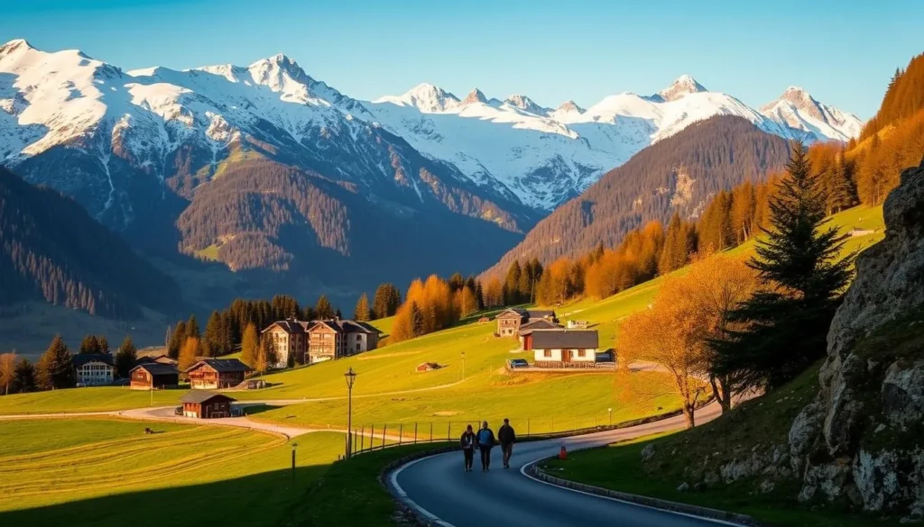 Scenic vista of the picturesque Swiss Alps, with the snow-capped peaks of the Flims Waldhaus range in the background. In the foreground, a winding mountain road leads towards the quaint village of Laax, its charming chalets and hotels nestled amidst lush green meadows. The scene is bathed in warm, golden afternoon light, creating a serene and inviting atmosphere. A group of hikers or skiers can be seen making their way along the road, capturing the essence of Laax as a premier outdoor destination. The image conveys the ease of accessibility and the breathtaking natural beauty that awaits visitors to this enchanting Swiss Alpine town.