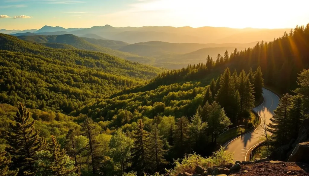 Scenic vistas along the winding Kancamagus Highway, New Hampshire. Lush, verdant forests stretch into the distance, with towering peaks of the White Mountains rising majestically in the background. Warm, golden sunlight filters through the canopy, casting a soft, serene glow over the landscape. In the foreground, a well-maintained overlook offers a breathtaking panoramic view, inviting visitors to pause and take in the natural splendor. The scene captures the essence of this scenic byway, showcasing the stunning natural beauty that has made it a beloved destination for outdoor enthusiasts and sightseers alike.