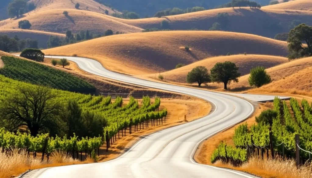 Scenic winding road through Amador County wine country with vineyards on rolling hills