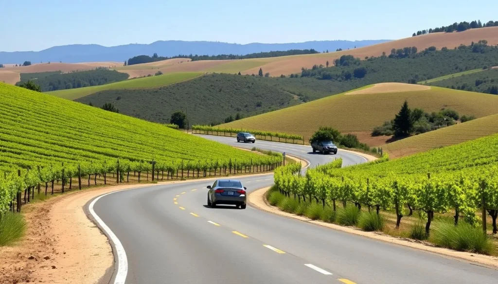 Scenic winding road through Sonoma County California vineyards with a car driving along the route Scenic winding road through Sonoma County California vineyards with a car driving along the route