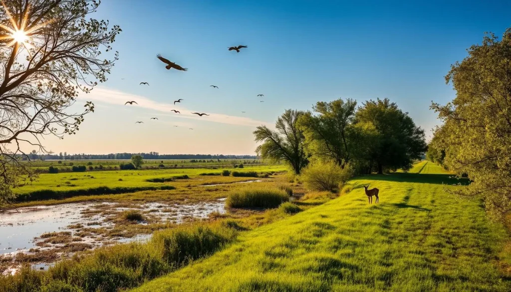 Schilling Wildlife Management Area, a serene natural oasis nestled along the Missouri River in Plattsmouth, Nebraska. Capture the tranquil scene of lush wetlands, verdant prairies, and towering cottonwood trees. Reflect the warm, golden light of a sun-dappled afternoon as it filters through the foliage, casting gentle shadows across the landscape. Showcase the diverse array of wildlife that inhabits this protected haven, from majestic birds of prey soaring overhead to the peaceful grazing of white-tailed deer. Compose the image with a sense of harmony and balance, inviting the viewer to immerse themselves in the beauty and serenity of this picturesque natural wonder.
