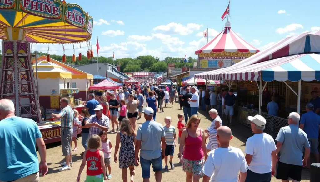 Schoharie County Sunshine Fair with carnival rides, agricultural exhibits, and attendees Schoharie County Sunshine Fair with carnival rides, agricultural exhibits, and attendees