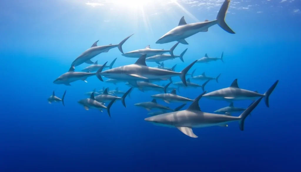 School of hammerhead sharks swimming near Yonaguni during winter season School of hammerhead sharks swimming near Yonaguni during winter season