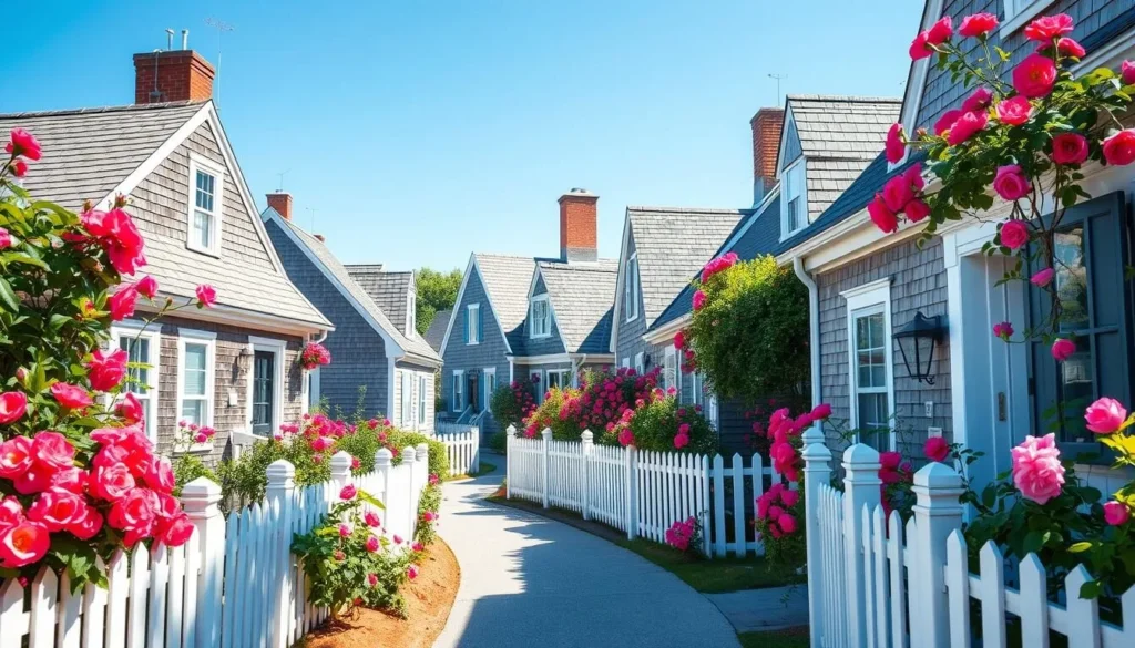Sconset village with rose-covered cottages and narrow lanes Sconset village with rose-covered cottages and narrow lanes