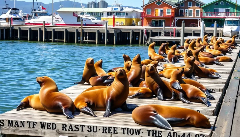 Sea lions lounging on the docks at Pier 39 in San Francisco with boats in the background Sea lions lounging on the docks at Pier 39 in San Francisco with boats in the background