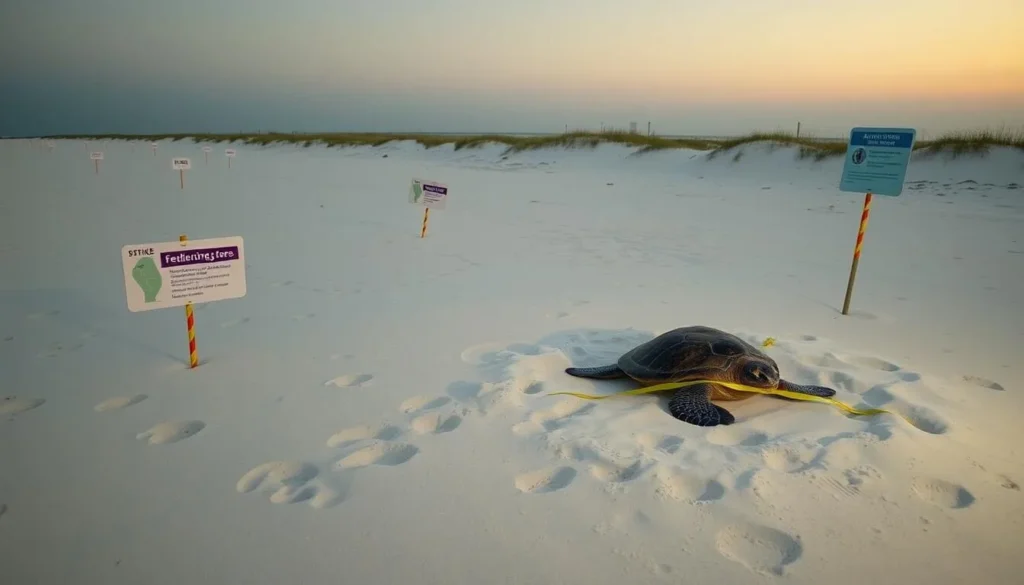 Sea turtle nesting area with protective markers on beach in Volusia County, Florida Sea turtle nesting area with protective markers on beach in Volusia County, Florida