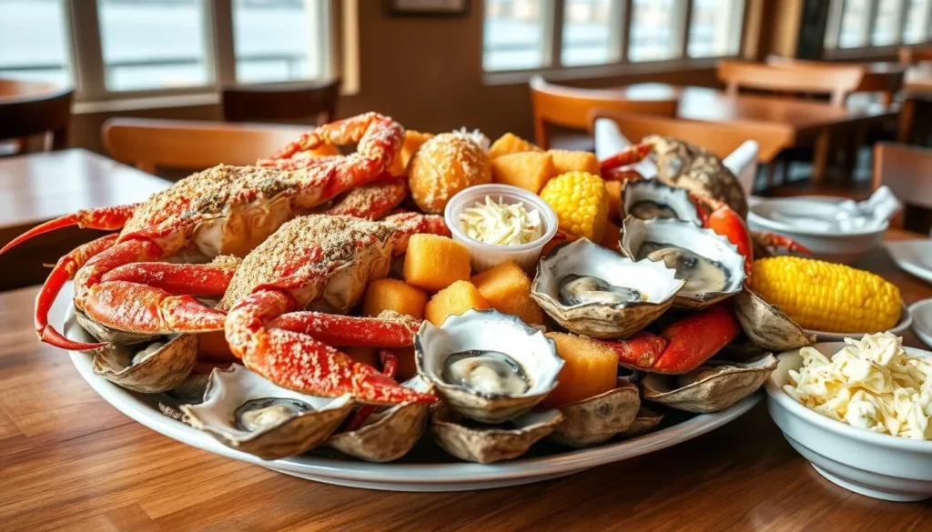 Seafood platter with Maryland blue crabs, oysters and sides at a Chesapeake Beach restaurant Seafood platter with Maryland blue crabs, oysters and sides at a Chesapeake Beach restaurant