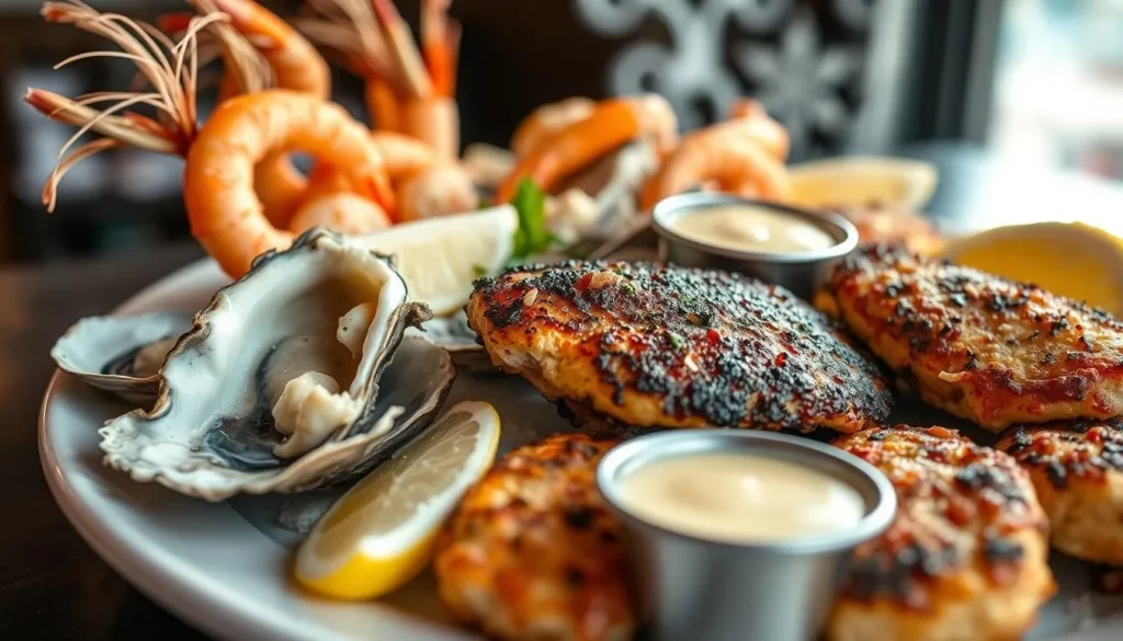 Seafood platter with fresh Gulf shrimp, oysters and fish at a Bay Saint Louis restaurant Seafood platter with fresh Gulf shrimp, oysters and fish at a Bay Saint Louis restaurant