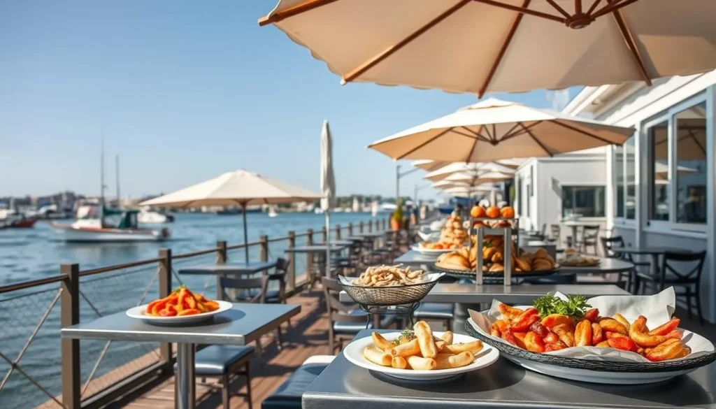 Seafood restaurant on City Island in Bronx County with waterfront view Seafood restaurant on City Island in Bronx County with waterfront view