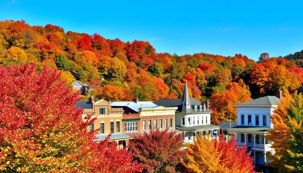 Seasonal fall foliage in Bell Buckle, Tennessee with historic buildings Seasonal fall foliage in Bell Buckle, Tennessee with historic buildings