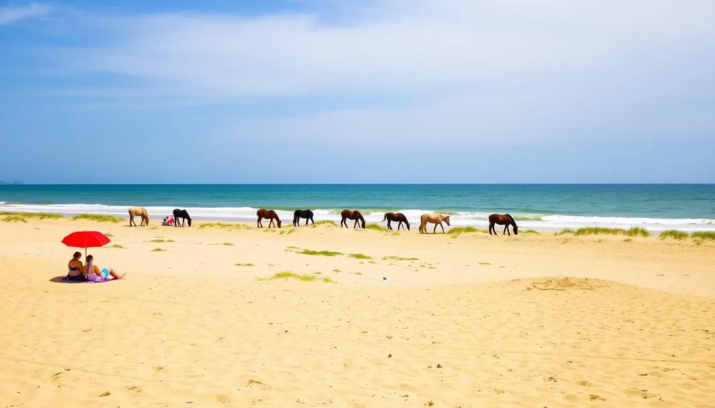 Seasonal view of Assateague Island, Delaware showing the beach during a perfect summer day with wild horses in the distance Seasonal view of Assateague Island, Delaware showing the beach during a perfect summer day with wild horses in the distance
