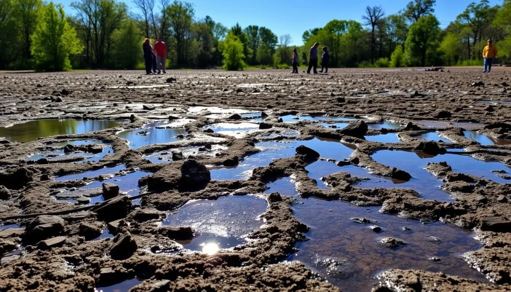 Seasonal view of Crater of Diamonds State Park showing the diamond field after rain Seasonal view of Crater of Diamonds State Park showing the diamond field after rain