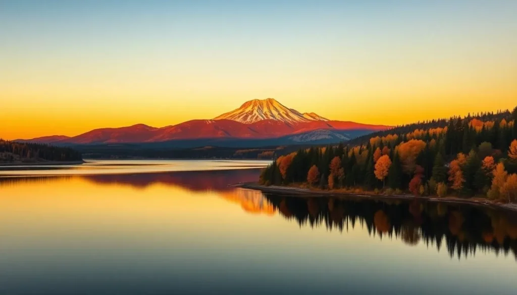 Seasonal view of Lake Siskiyou with Mount Shasta reflection during sunset in Shasta County California Seasonal view of Lake Siskiyou with Mount Shasta reflection during sunset in Shasta County California