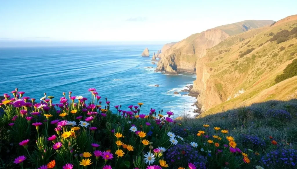 Seasonal view of Mendocino County California coastline showing wildflowers in spring Seasonal view of Mendocino County California coastline showing wildflowers in spring