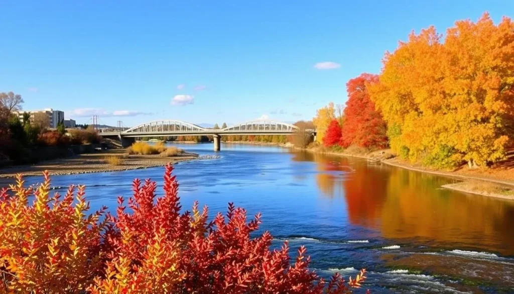 Seasonal view of Redding California showing beautiful fall colors along the Sacramento River with the Sundial Bridge visible Seasonal view of Redding California showing beautiful fall colors along the Sacramento River with the Sundial Bridge visible