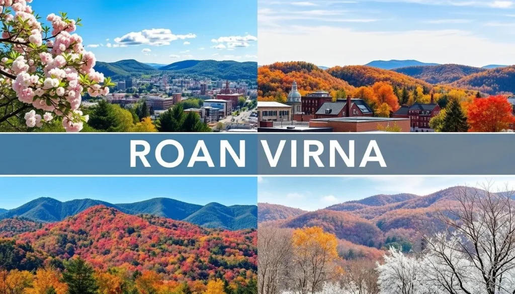 Seasonal weather collage of Roanoke Virginia showing all four seasons with the best months to visit highlighted Seasonal weather collage of Roanoke Virginia showing all four seasons with the best months to visit highlighted