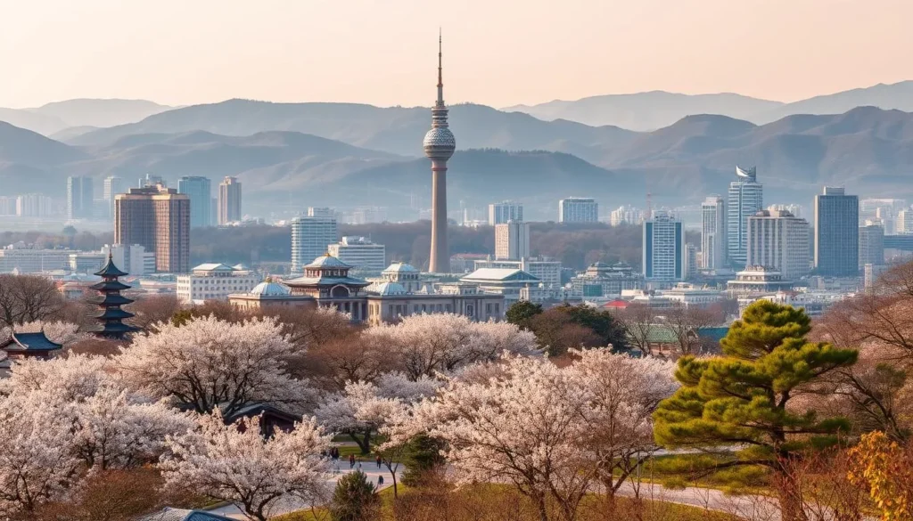 Seongnam city skyline during a tranquil spring day, with the Seongnam Tower prominently rising amidst a lush sea of cherry blossoms. In the foreground, a picturesque park dotted with blooming flowers and people leisurely strolling. The middle ground reveals the architectural harmony of modern high-rises and traditional structures, while the background showcases the rolling hills and mountains that embrace the city. Warm, natural lighting casts a soft, golden glow, creating a serene and inviting atmosphere. Capture the essence of Seongnam as a hidden gem, blending modernity and nature in perfect harmony.