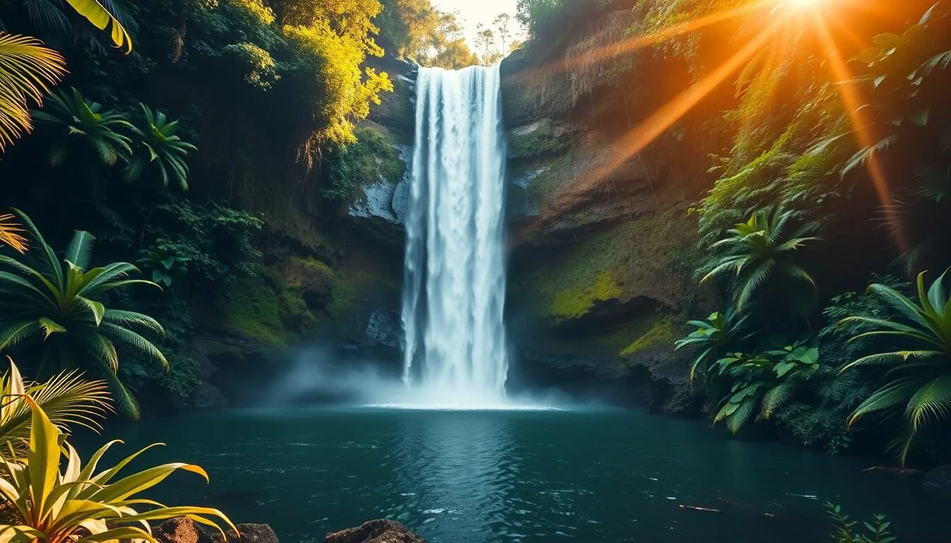 Serene Akaka Falls cascading amidst lush, verdant foliage in Akaka Falls State Park on the Big Island of Hawaii. Capture the majestic 442-foot waterfall plunging into a tranquil pool, framed by towering cliffs and tropical plants. Utilize a wide-angle lens to showcase the waterfall's grandeur and the surrounding natural beauty. Illuminate the scene with warm, golden sunlight filtering through the canopy, creating a picturesque and inviting atmosphere. Convey a sense of peaceful contemplation and the allure of this stunning natural wonder on the island of Hawaii.