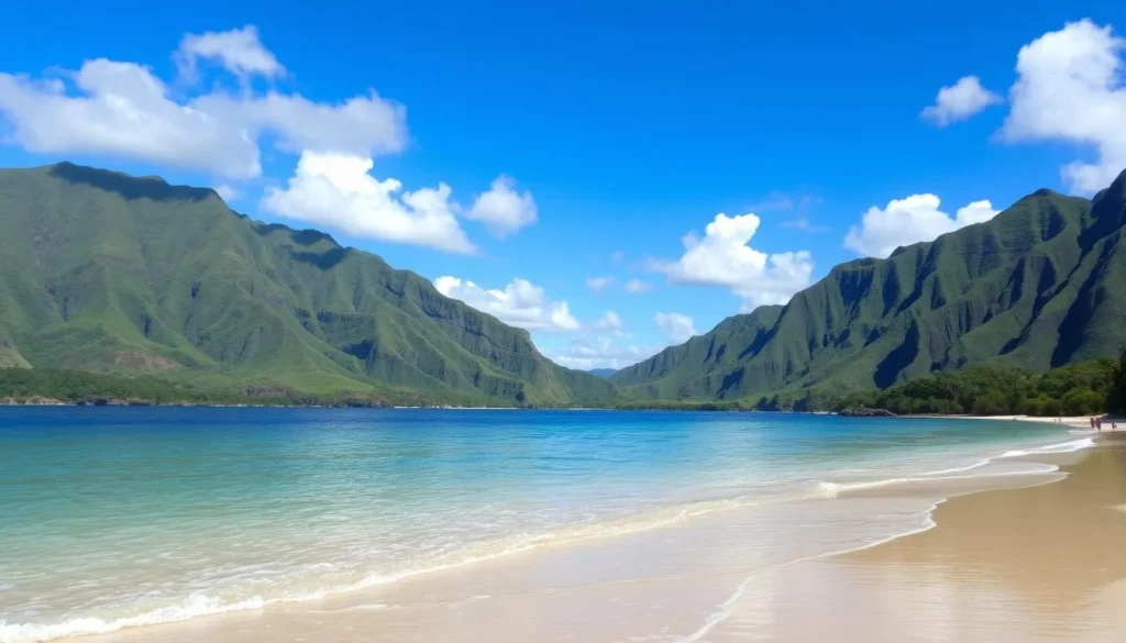 Serene Hanalei Bay with lush green mountains and white sand beach