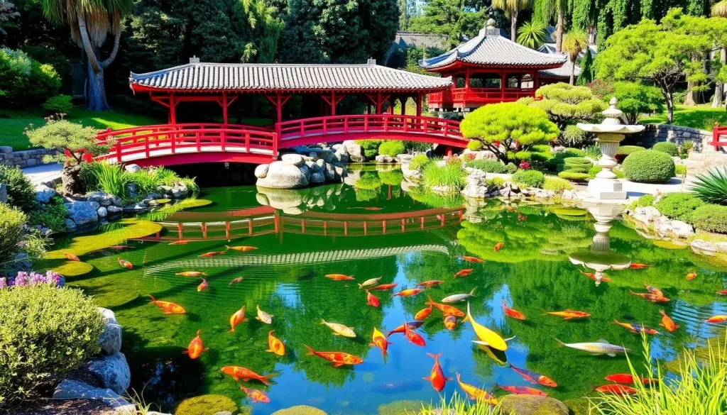 Serene Japanese Friendship Garden in San Jose, California, featuring koi ponds and ornamental bridges.