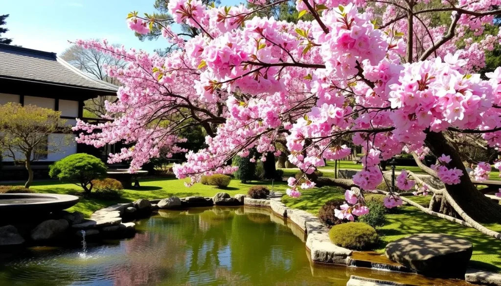 Serene Japanese garden in Pine Flat, California, with blooming cherry blossoms and tranquil water features.