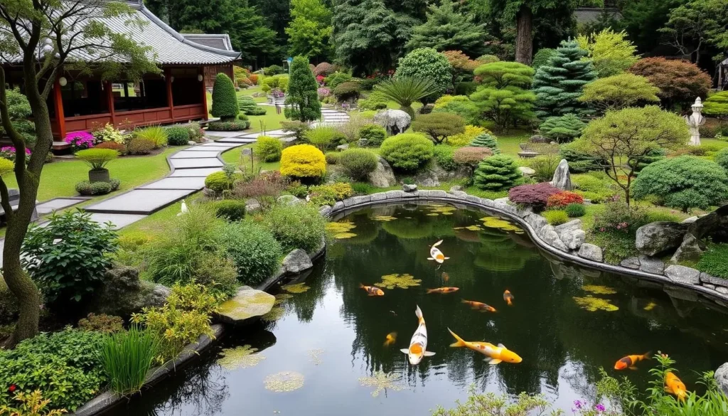 Serene Japanese gardens with koi ponds and walking paths surrounded by lush greenery and vibrant flowers.