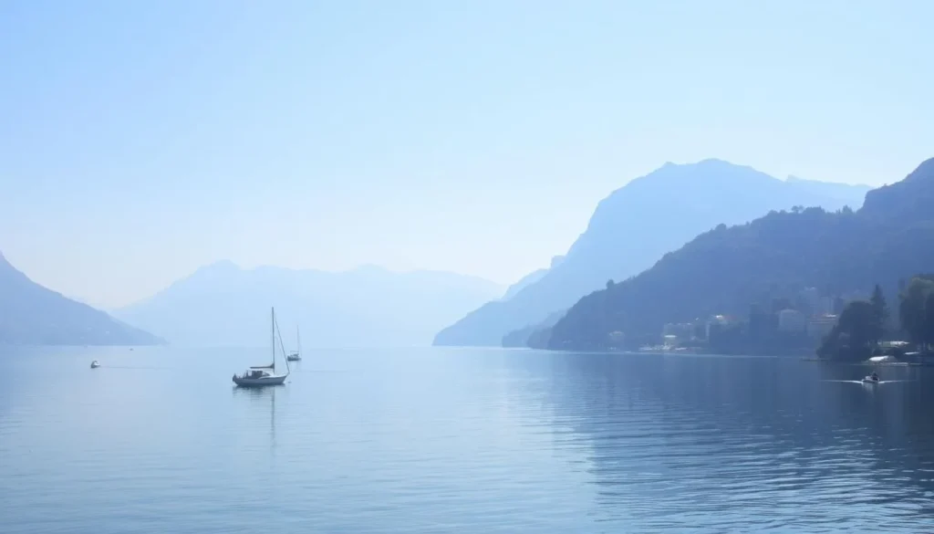Serene Lake Annecy with boats floating on its calm waters surrounded by mountains
