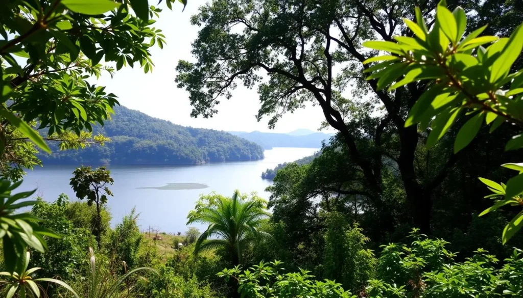 Serene Lake Bosomtwe surrounded by lush greenery, a perfect day trip destination from Kumasi