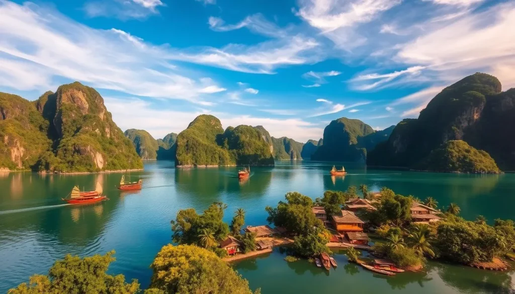 Serene Lan Ha Bay: A Tranquil Escape from the Crowds. Idyllic emerald waters embraced by towering limestone cliffs, their rugged peaks casting long shadows over the peaceful coves below. Wooden junks glide gracefully across the still surface, their billowing sails catching the gentle breeze. In the foreground, a small fishing village nestled amongst the verdant mangroves, its simple wooden structures and colorful boats reflecting in the mirror-like waters. The sky, a brilliant azure canvas dotted with wispy clouds, bathes the scene in a warm, golden light. Capture the essence of Lan Ha Bay's serene beauty, a hidden gem beyond the main attractions of Halong.