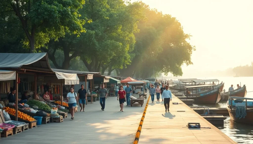 Serene Vietnamese riverside scene with a bustling local market, wooden boats, and lush foliage in the background. Warm, diffused sunlight filters through the trees, casting a golden glow. Vendors display an array of colorful produce, handicrafts, and street food. Pedestrians stroll along the promenade, taking in the sights and sounds of daily life in Can Tho. A sense of vibrant local culture and hospitality pervades the atmosphere. Capture the essence of an authentic, picturesque visit to this charming Mekong Delta city.