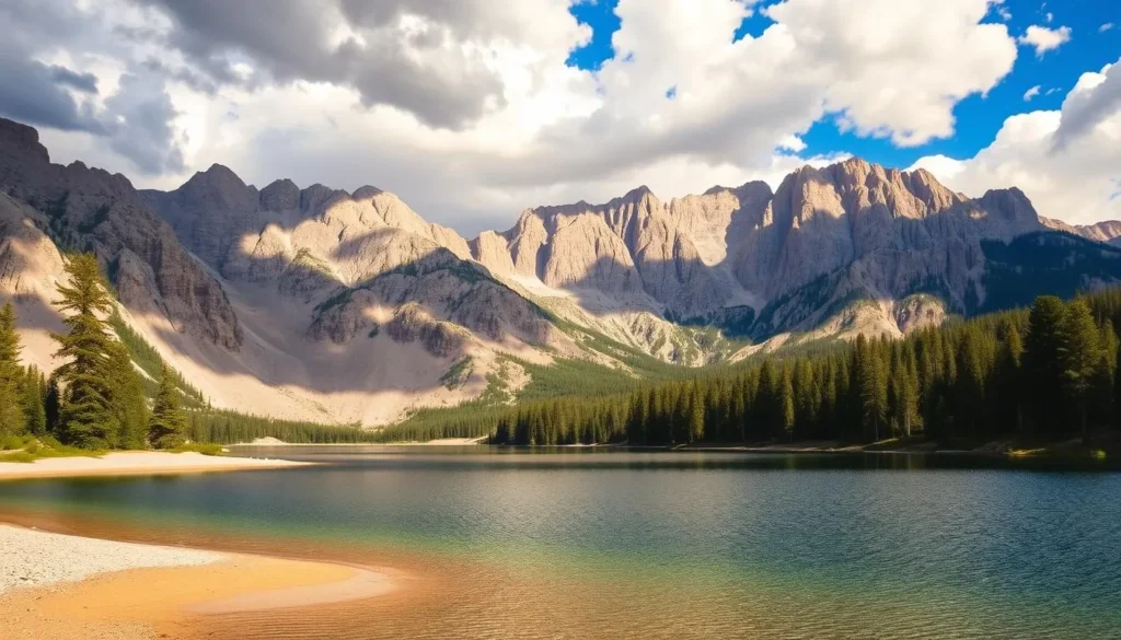 Serene alpine lake nestled in the majestic Eastern Sierra, surrounded by towering granite peaks bathed in warm afternoon sunlight. Calm, crystal-clear waters reflect the dramatic mountainous landscape, with lush pine forests lining the shore. A small, pristine beach invites visitors to relax and take in the breathtaking scenery. Dramatic clouds cast dynamic shadows over the scene, creating a sense of depth and atmosphere. Capture the tranquil beauty and peaceful ambiance of this hidden natural wonder in California's High Sierra.