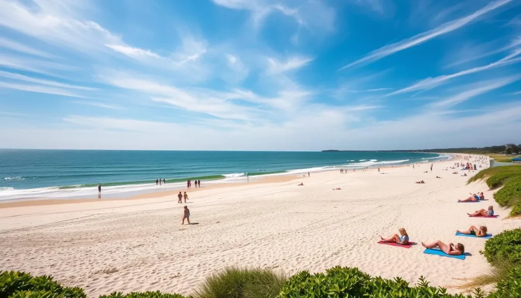 Serene coastal landscape, Hampton Beach State Park, New Hampshire. Pristine sandy shores caressed by gentle waves, azure sky dotted with wispy clouds. Beachgoers relaxing on plush towels, soaking in the warm sun. Families building sandcastles, children frolicking in the shallow surf. Lush greenery frames the scene, creating a natural, picturesque setting. Soft, diffused lighting bathes the entire vista, evoking a calming, tranquil atmosphere. Wide-angle lens captures the expansive, picturesque vista in vivid detail. Convey the essence of a quintessential New England beach getaway, a place to unwind and revel in nature's beauty.