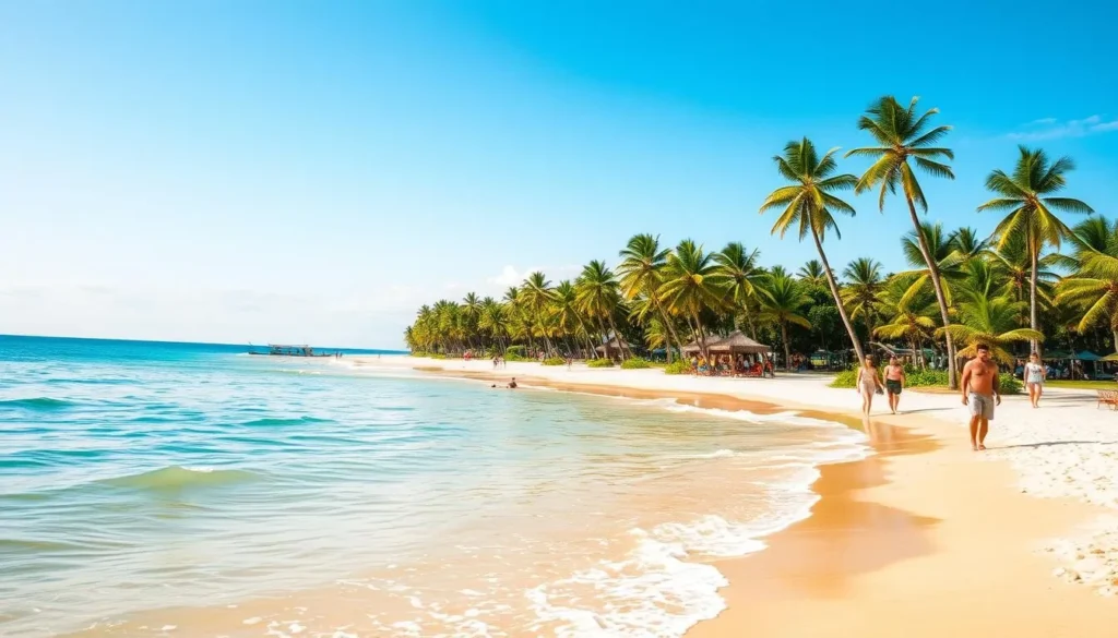 Serene coastline of Songkhla's Samila Beach, where golden sand and azure waters converge under a bright, cloudless sky. In the foreground, beachgoers stroll along the shore, enjoying the gentle waves and warm tropical breeze. Towering palm trees sway in the distance, framing the picturesque scene. Capture the essence of this coastal gem with a cinematic, wide-angle lens, showcasing the natural beauty and tranquility that make Samila Beach a true Thai paradise.