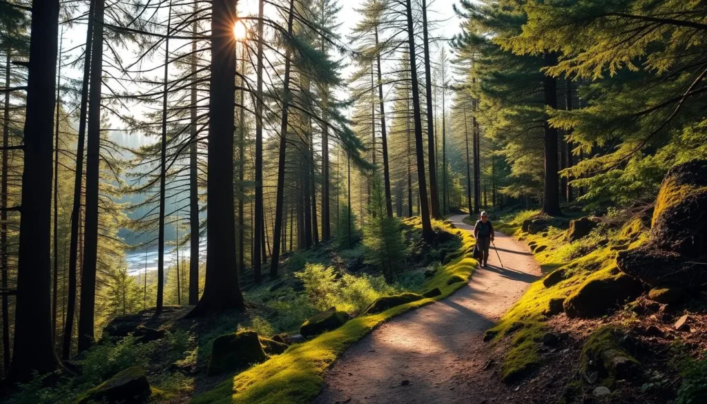 Serene forest landscape with a winding adventure trail cutting through lush greenery. Sunlight filters through the canopy, casting a warm, golden glow on the packed dirt path. Towering pine trees line the trail, their branches swaying gently in a light breeze. Moss-covered rocks and the distant sound of a babbling brook add to the tranquil ambiance. Hikers navigate the trail, their silhouettes visible in the distance, conveying a sense of exploration and discovery. The scene exudes a peaceful, rejuvenating atmosphere, inviting viewers to embark on an adventurous journey through the heart of nature.