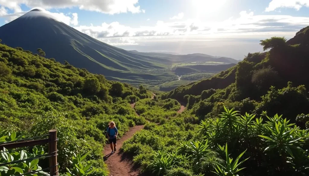 Serene hiking trails wind through lush, verdant foliage of Hawai'i Volcanoes National Park. Towering volcanic peaks loom in the background, casting dramatic shadows across the landscape. The sun's warm rays filter through the canopy, illuminating the winding path ahead. Hikers traverse the well-maintained trail, surrounded by the vibrant colors and tranquil atmosphere of this natural wonder. In the distance, glimpses of volcanic rock formations and scenic vistas draw the eye, inviting further exploration. This picturesque scene captures the essence of the park's renowned hiking opportunities and scenic drives.